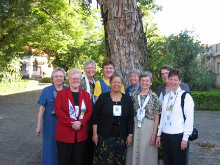 The LCWR delegation members were: (left to right) Christine Vladimiroff, OSB; Jeanne Bessette, OSF; Dorothy Jean Beyer, OSB; Beatrice Eichten, OSF; Constance Phelps, SCL; Carole Shinnick, SSND; Marie Lucey, OSF; Mary Catherine Rabbitt, SL; and Annmarie Sanders, IHM.
