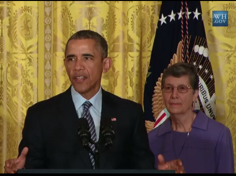 President Obama and Sister Joan Marie Steadman, CSC at White House Briefing