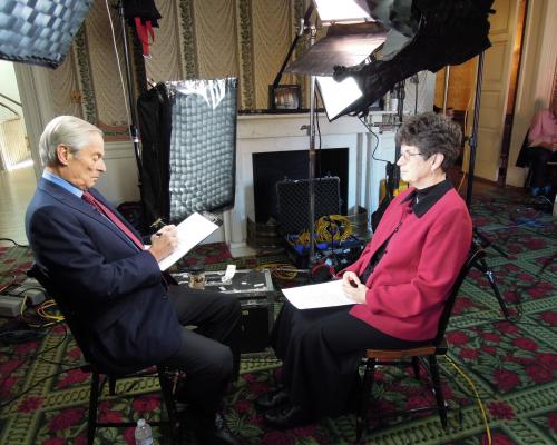 Pat Farrell, OSF prepares for interview with 60 Minutes correspondent Bob Simon