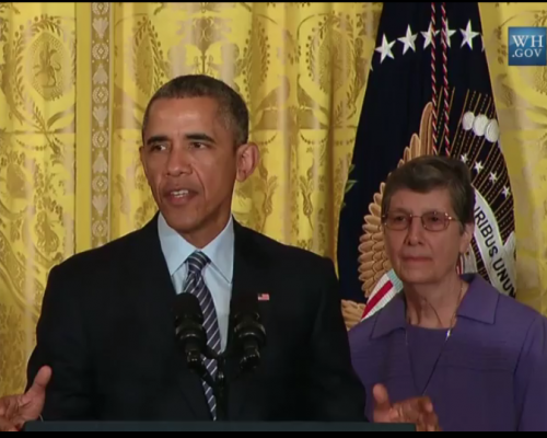 President Obama and Sister Joan Marie Steadman, CSC at White House Briefing